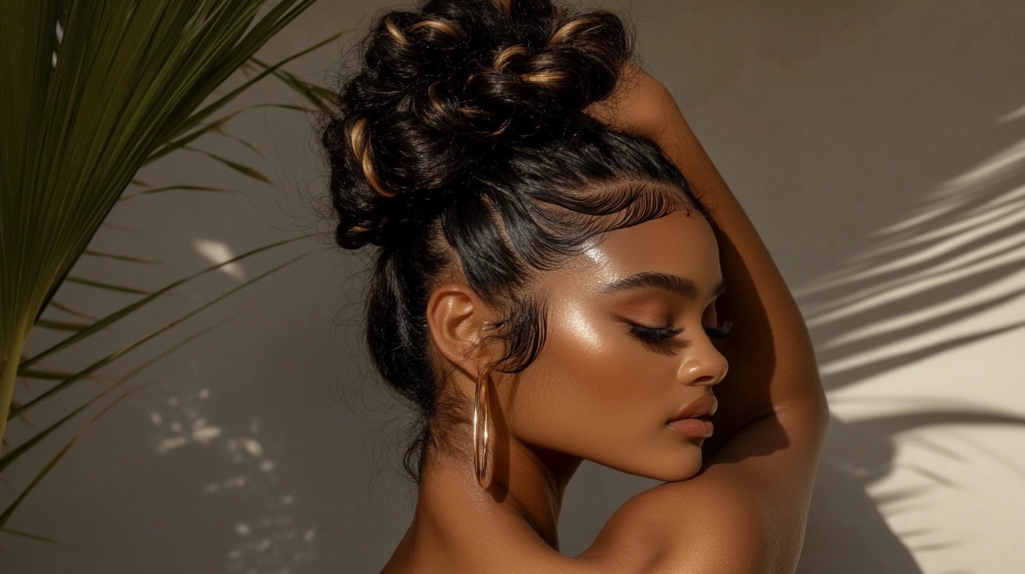 Woman with naturally curly hair in a high pineapple updo with a braided base.