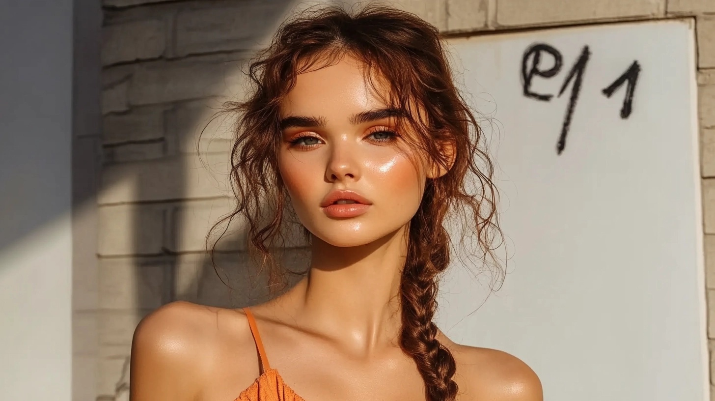 Woman with a side swept braided bangs.