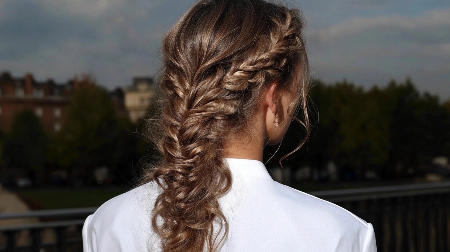 Woman with long curly hair in a loose, textured fishtail braid.