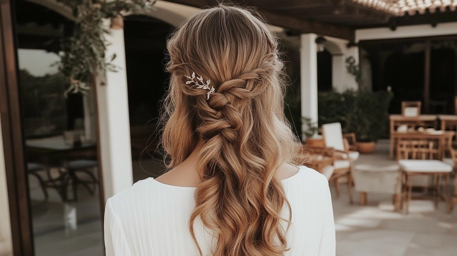 Woman with medium-length curly hair and a waterfall braid.