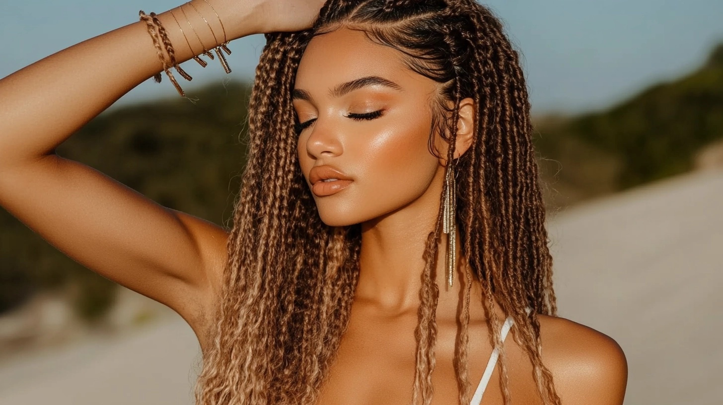 Woman with box braids made with curly hair extensions.