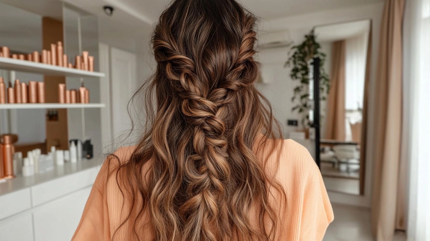 Woman with curly hair styled in half-up double Dutch braids.