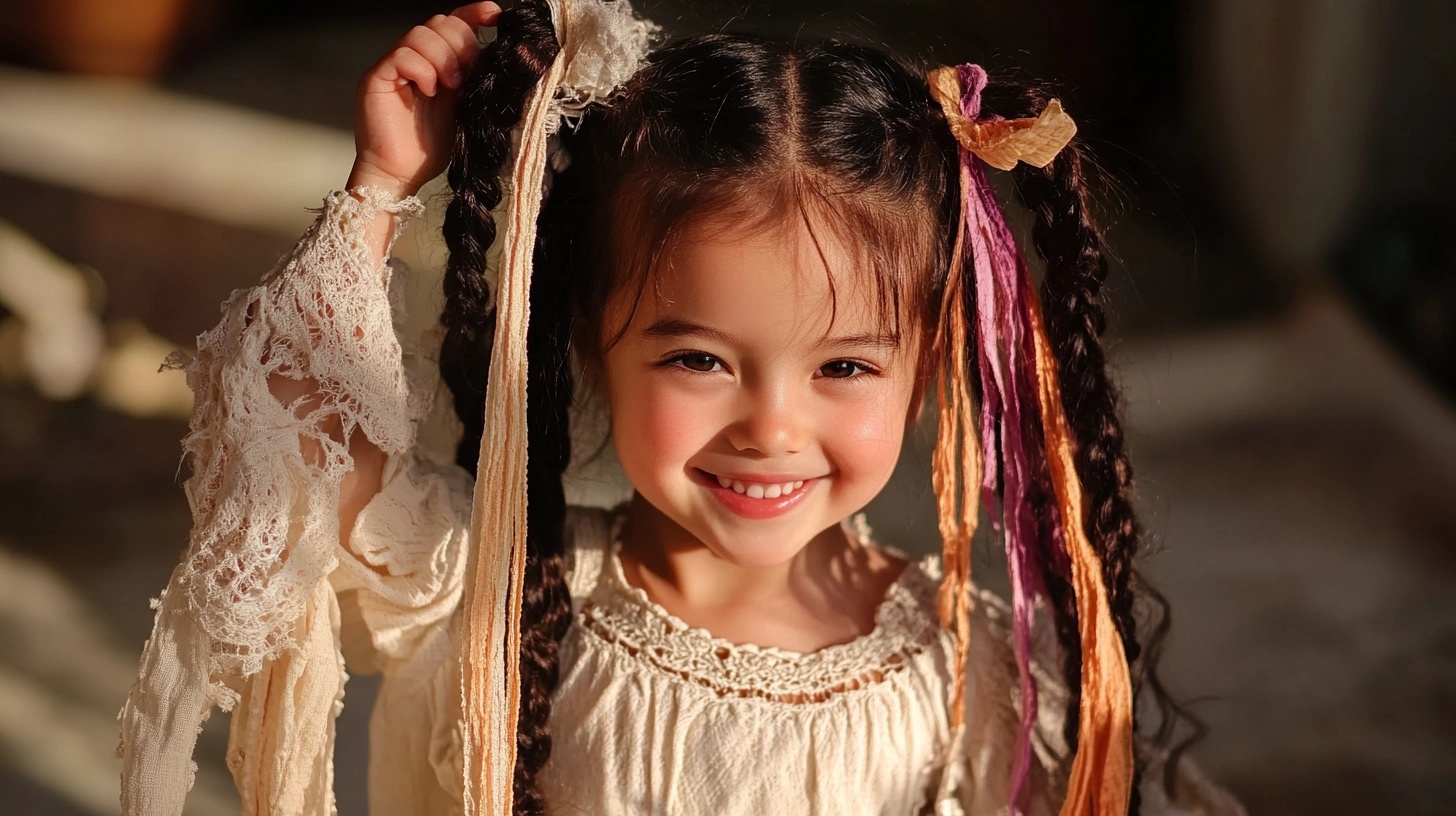 Child with braided pigtails and ribbons