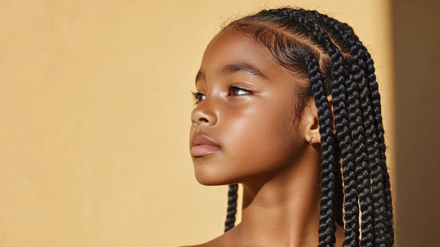 Child with neatly styled box braids