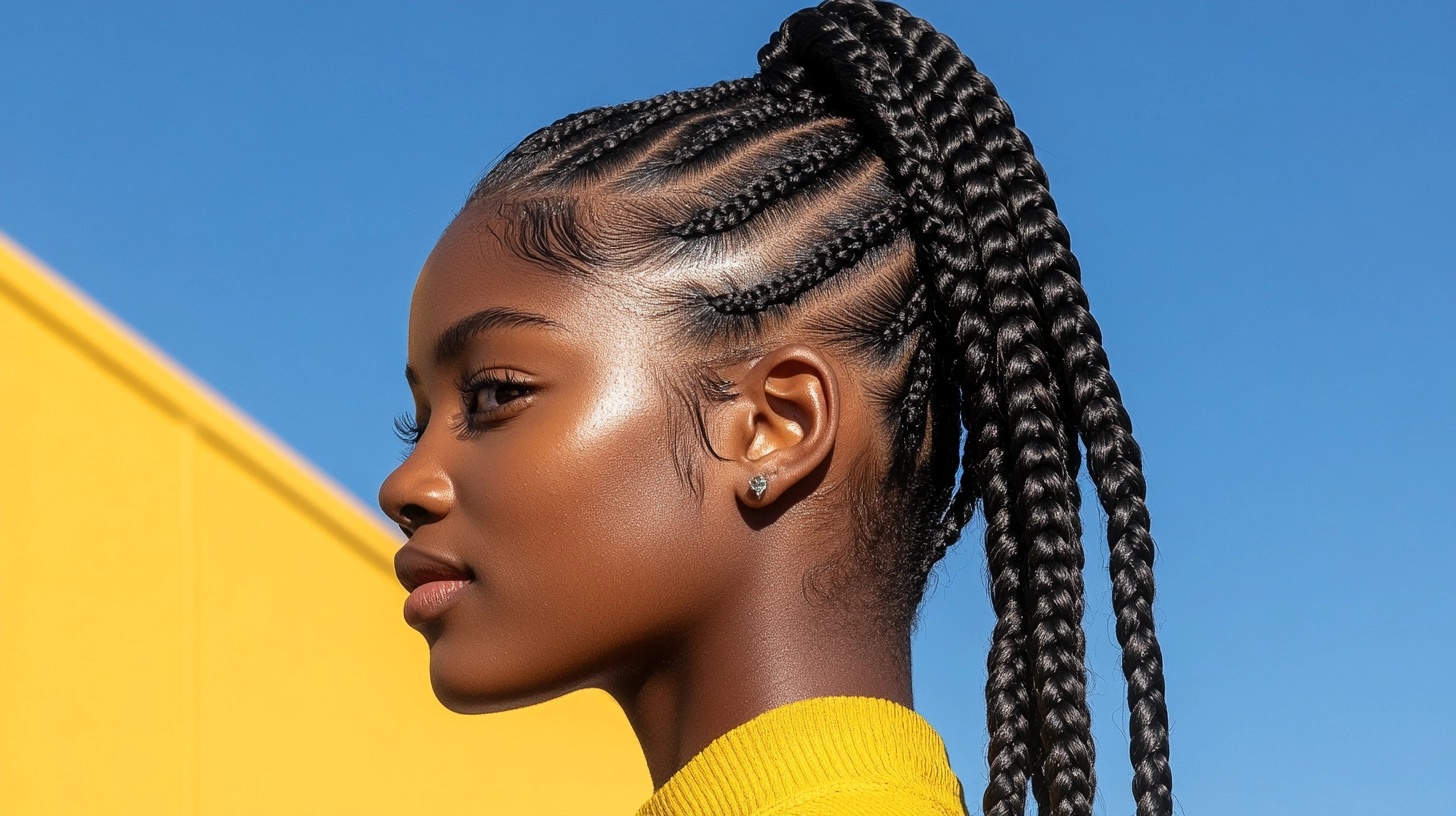 Woman with a high, braided ponytail