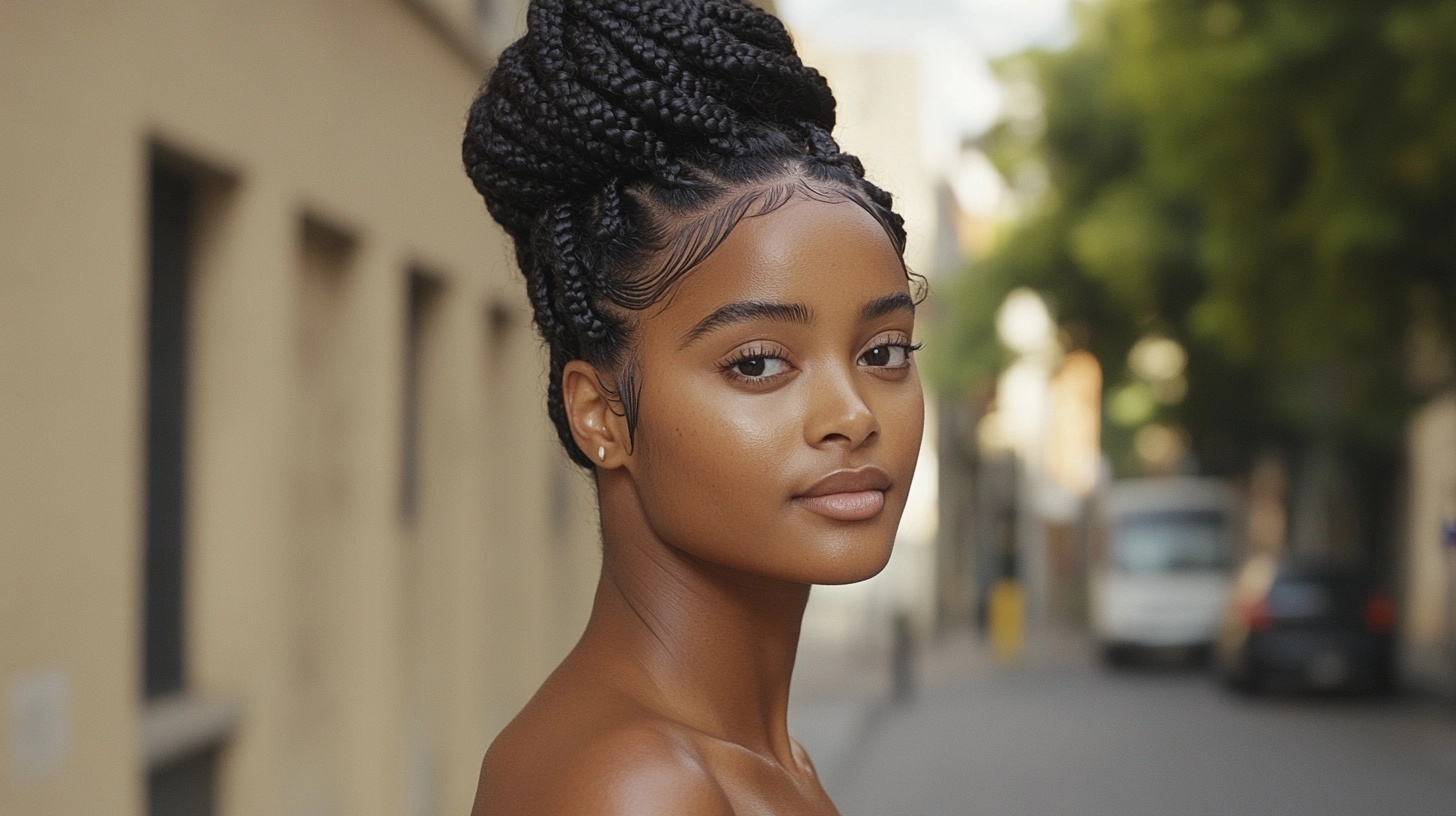 Woman with thick, goddess braids in an updo