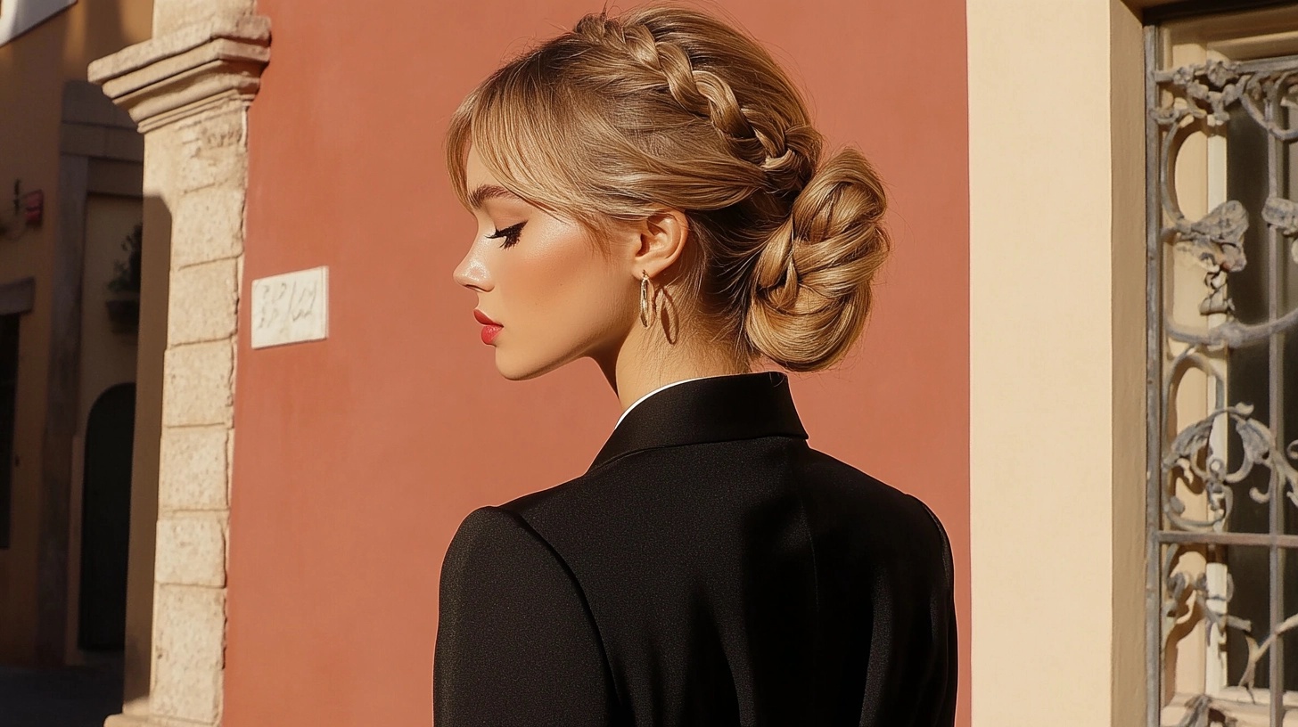 Woman with a braided bun and bangs, wearing a black blazer