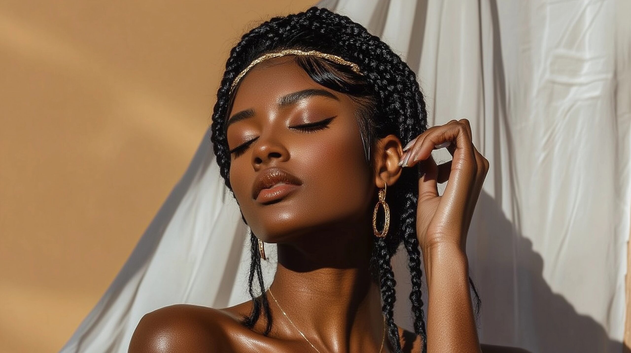 Woman with Fulani-inspired braids, gold headband, and closed eyes