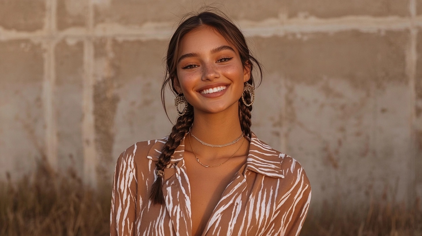 Woman with classic two-strand braided pigtails and a patterned shirt