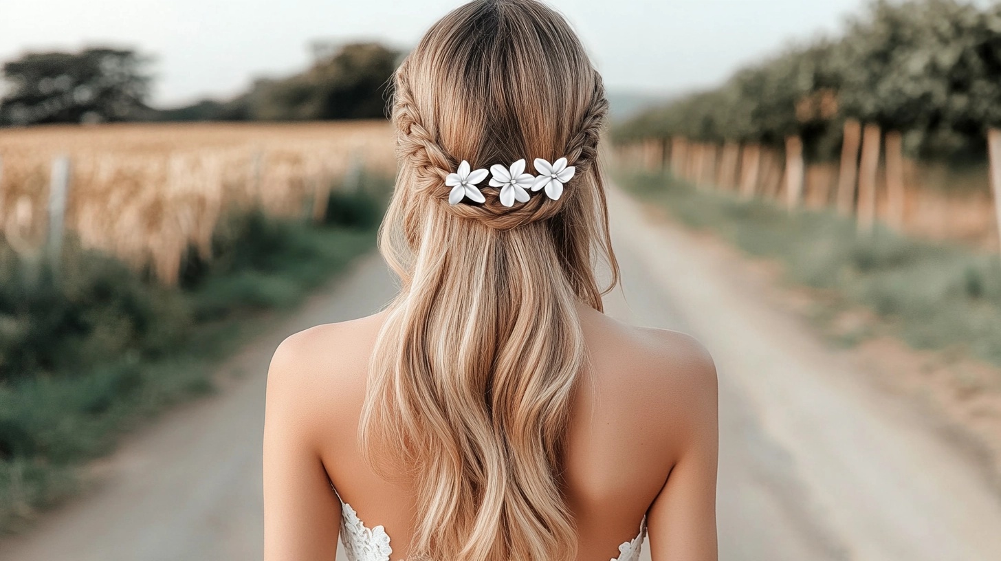 Blonde woman from behind with long hair in a half up, half down look and a white flower accent.