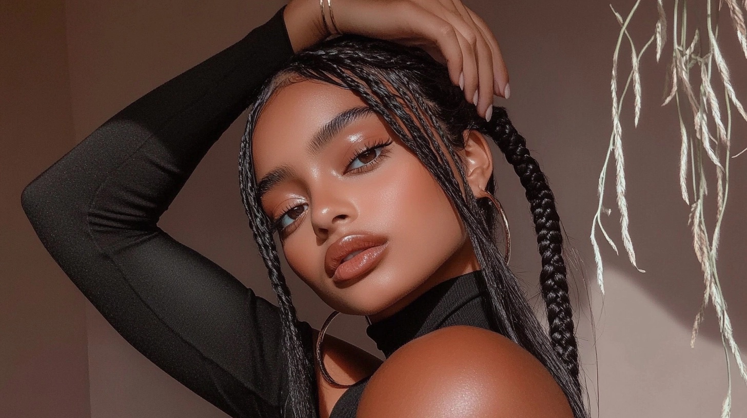 Woman with sleek, long braided pigtails and a black top