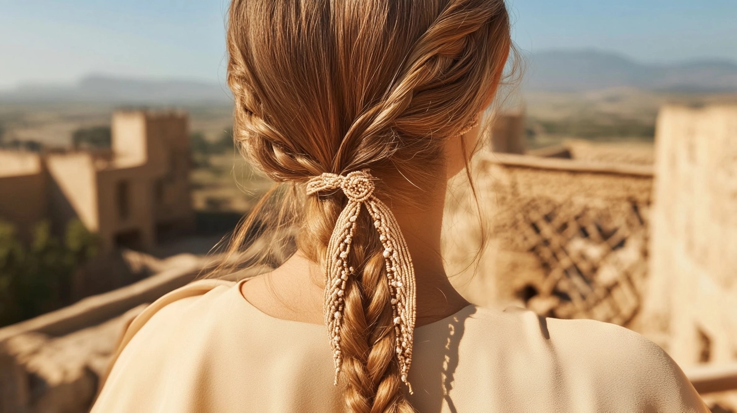 Woman with a side braid, looking over her shoulder, with a castle in the background