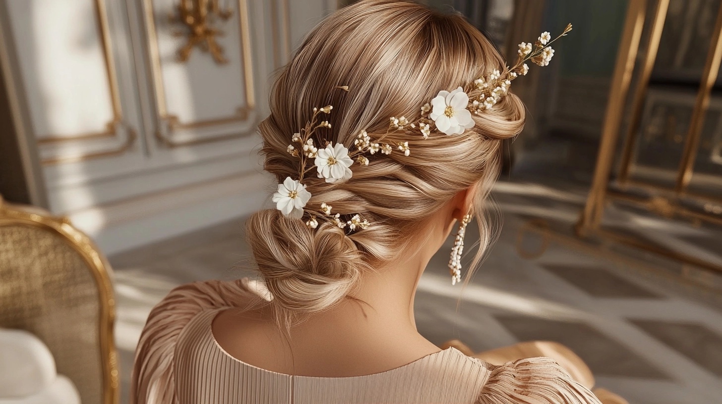 Elegant French braid updo hairstyle with white floral accents, perfect for a bride.