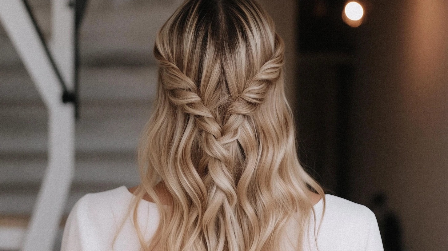 Bride with a half-up, half-down hairstyle featuring a crown braid.