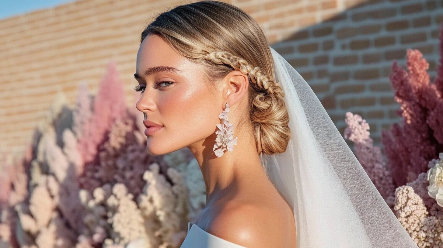 Bride with a braided headband under classic veil.