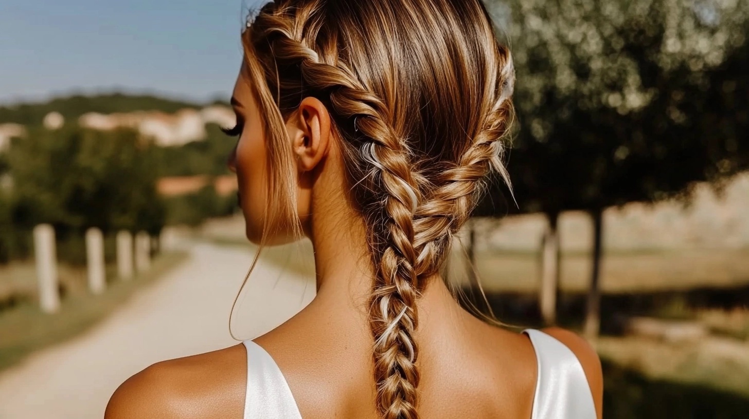 Bride with a long, loose bohemian fishtail braid, ideal for a relaxed wedding style.