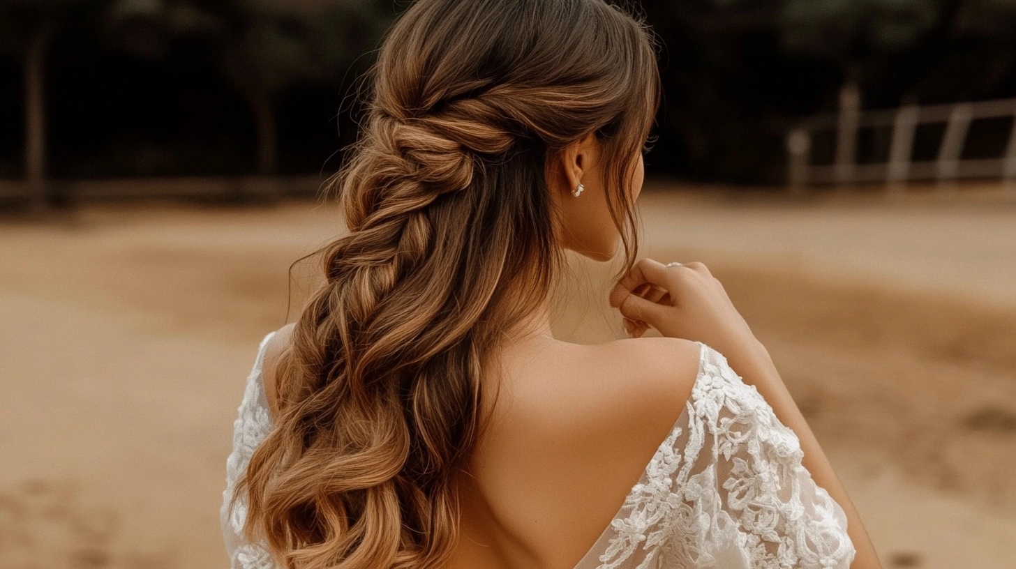 Bride with a waterfall braid and loose curls, showcasing a romantic bridal hairstyle.