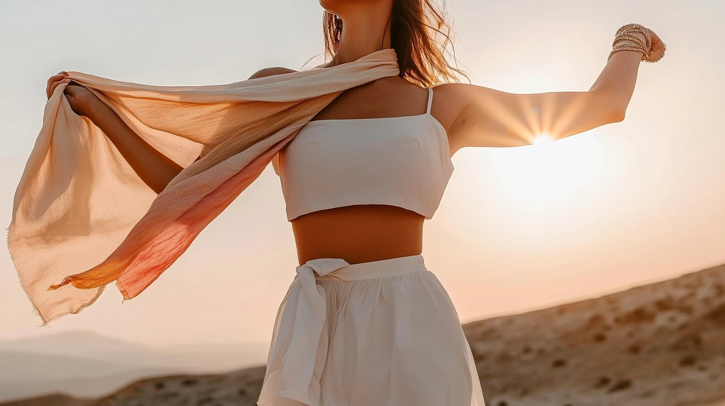 Woman in a white two-piece outfit with a scarf, standing outdoors.