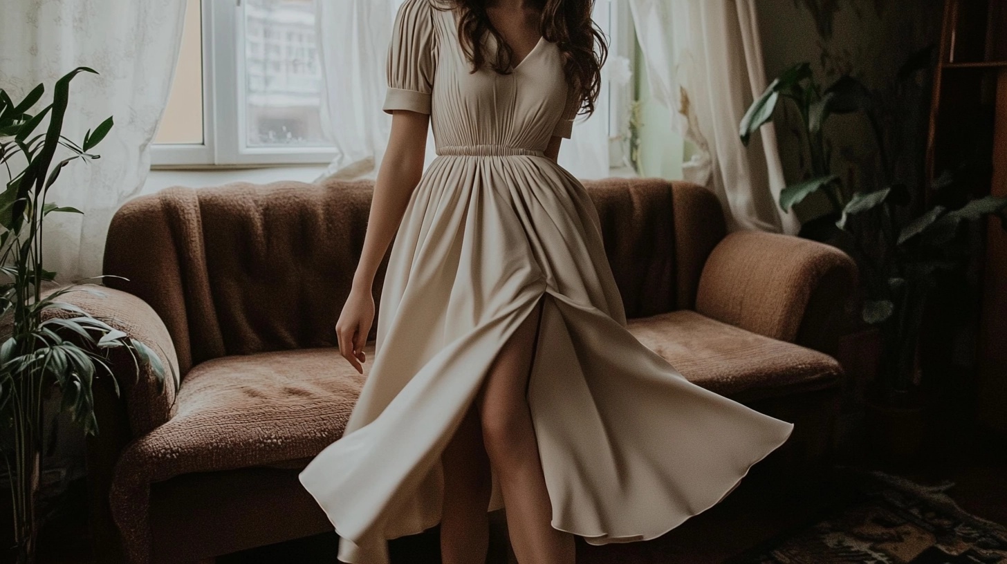 Woman in a beige, short-sleeved, midi wrap dress.