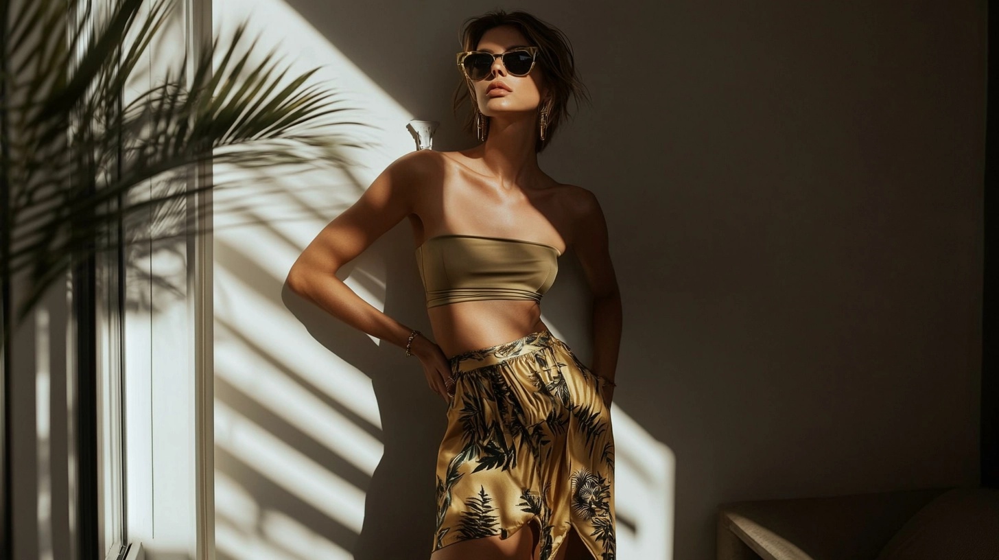 Woman in a brown and yellow patterned skirt and a tan crop top.