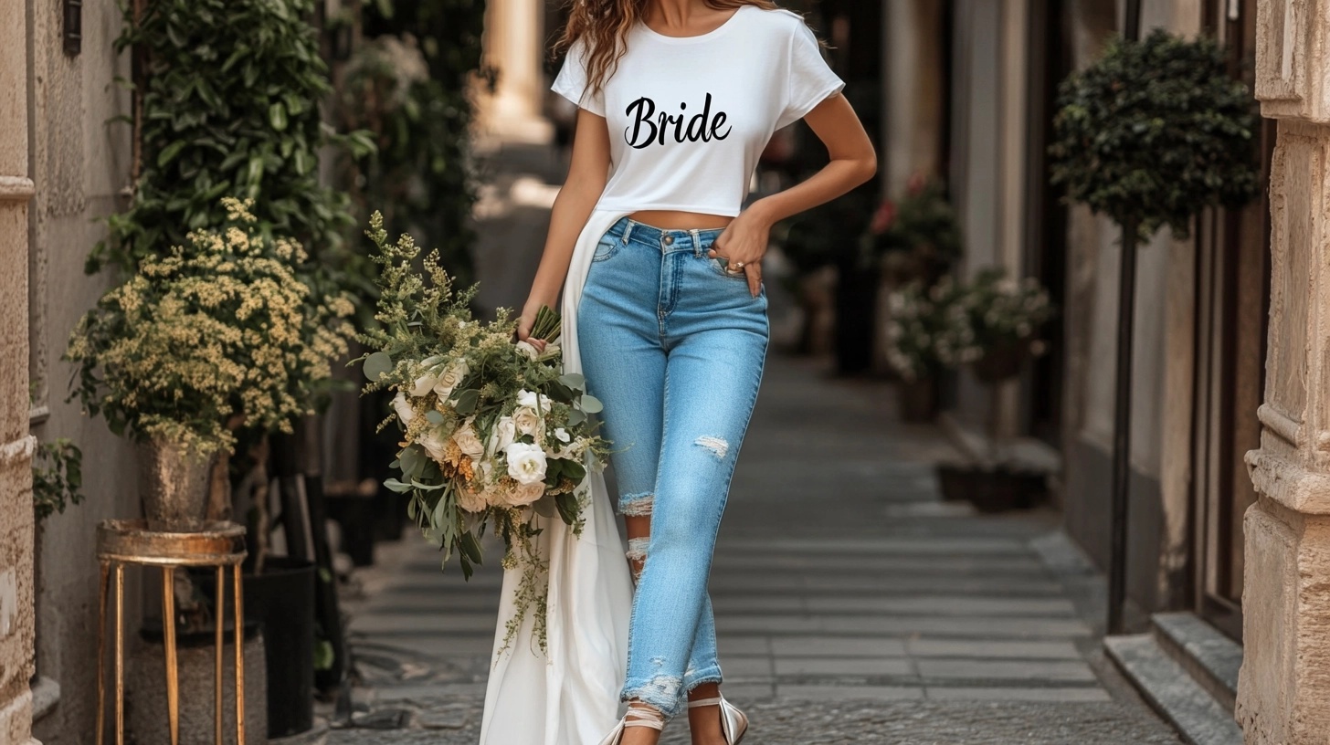 Bride-to-be wearing a 'Bride' graphic tee, jeans, and heels.