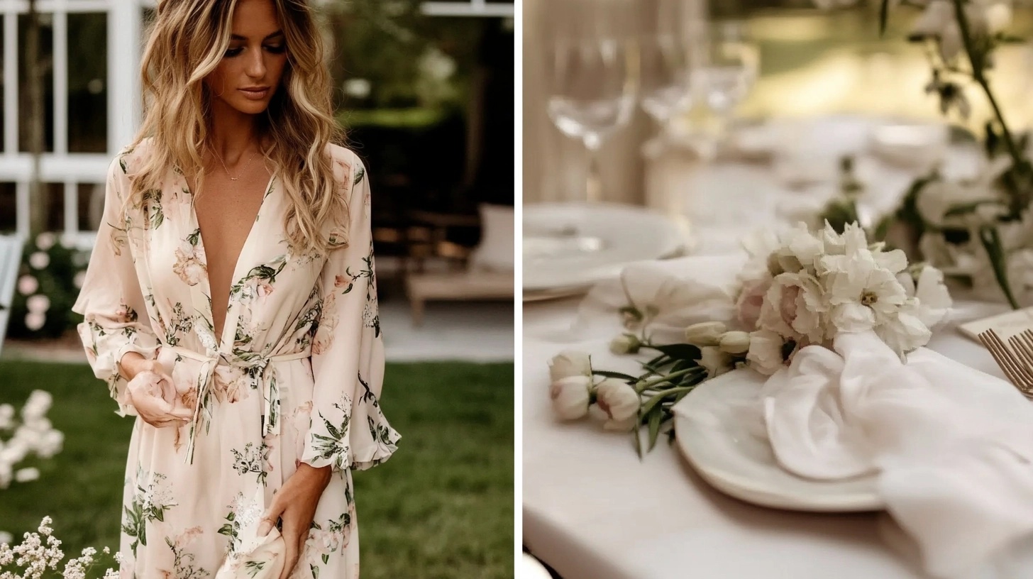 Bride-to-be in a flowy floral print dress.