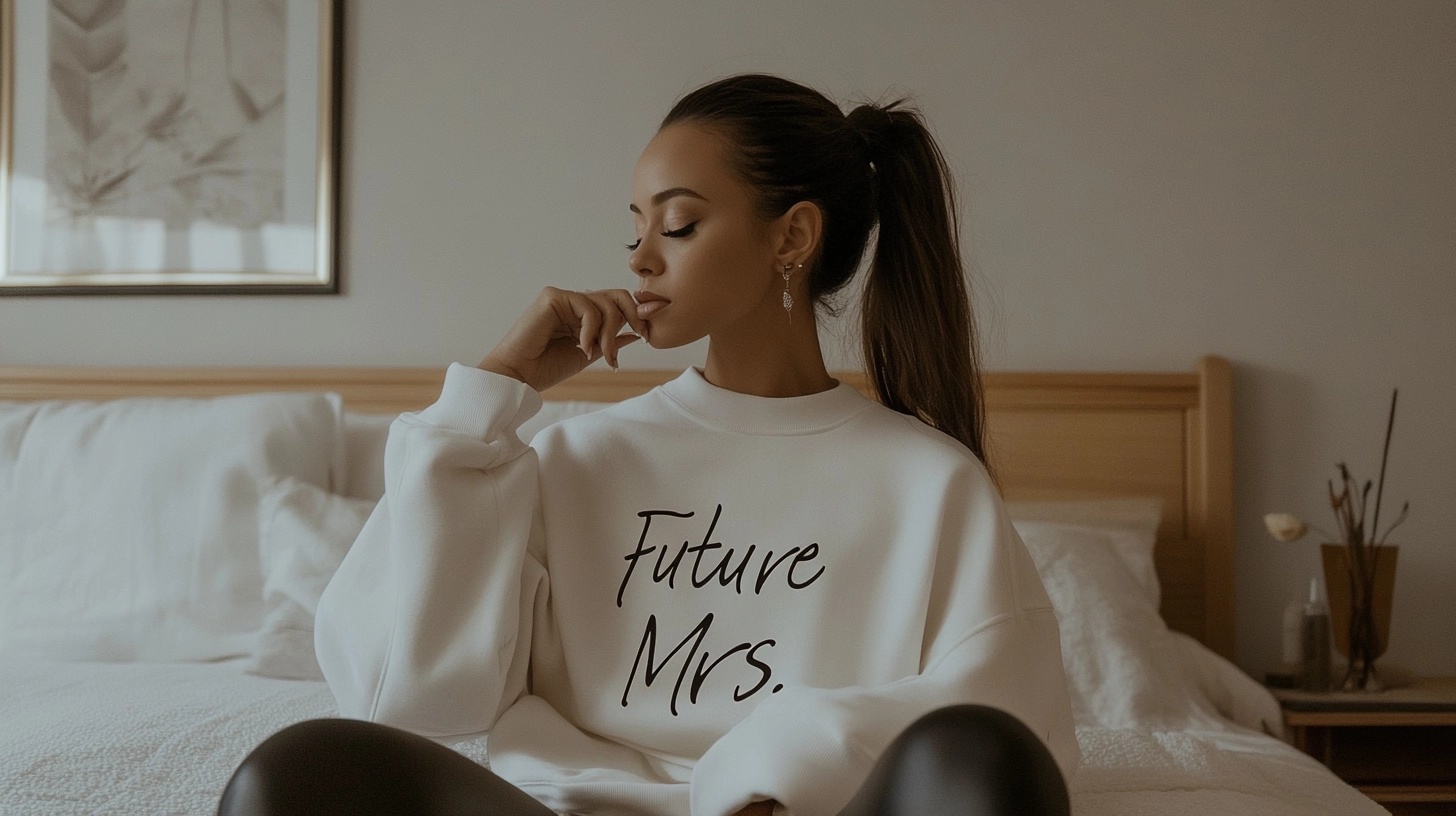 Bride-to-be wearing a 'Future Mrs.' sweatshirt and leggings.