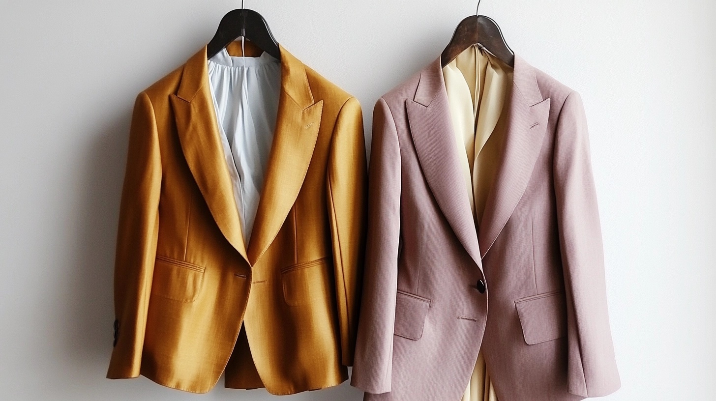 Two blazers, mustard and rose, hanging.