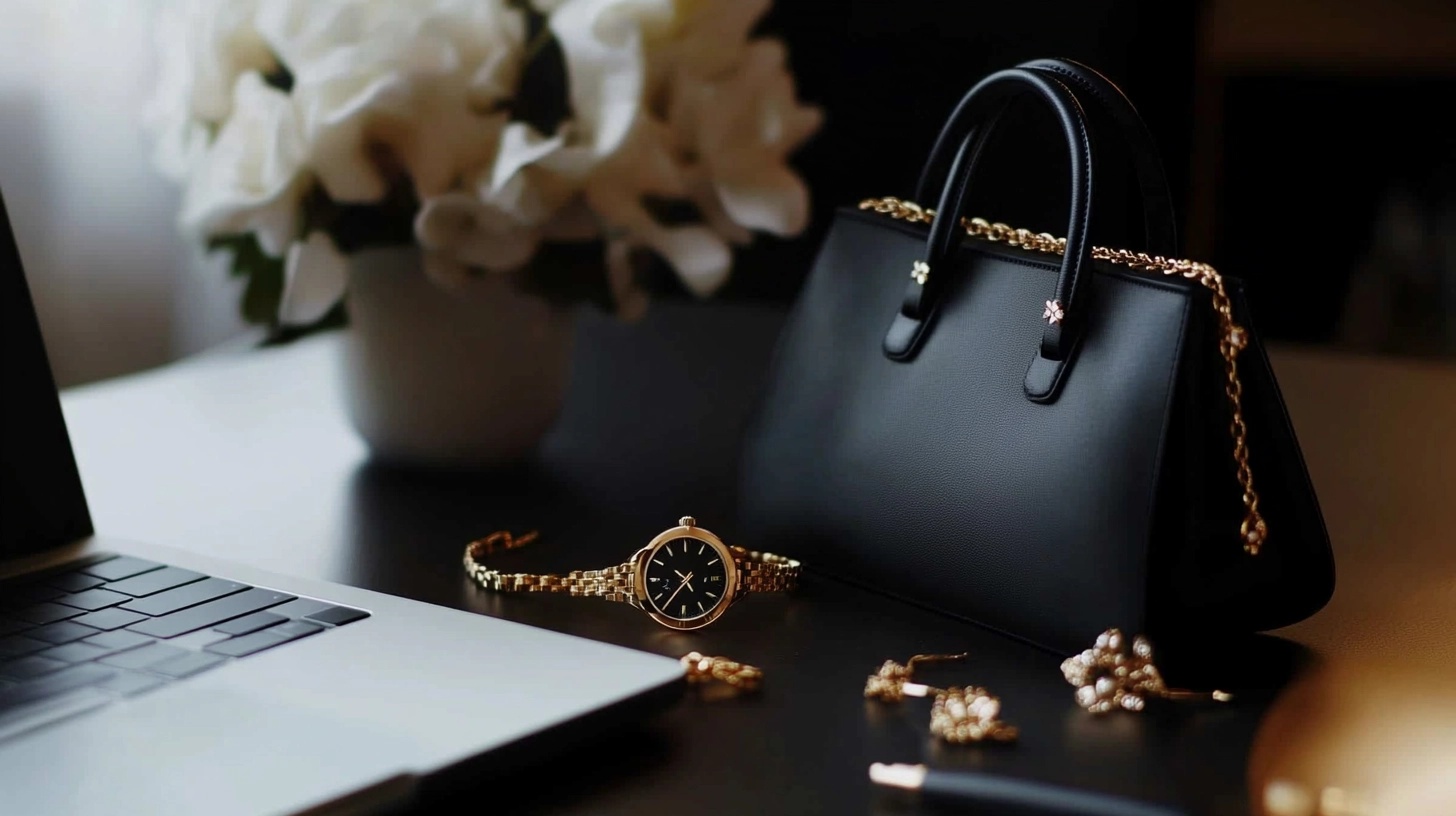 Close-up of a black handbag, gold watch, and other accessories.