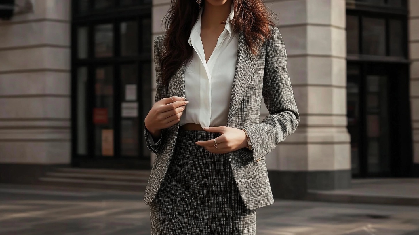 Woman is wearing a skirt that matches the material and cut of the jacket.