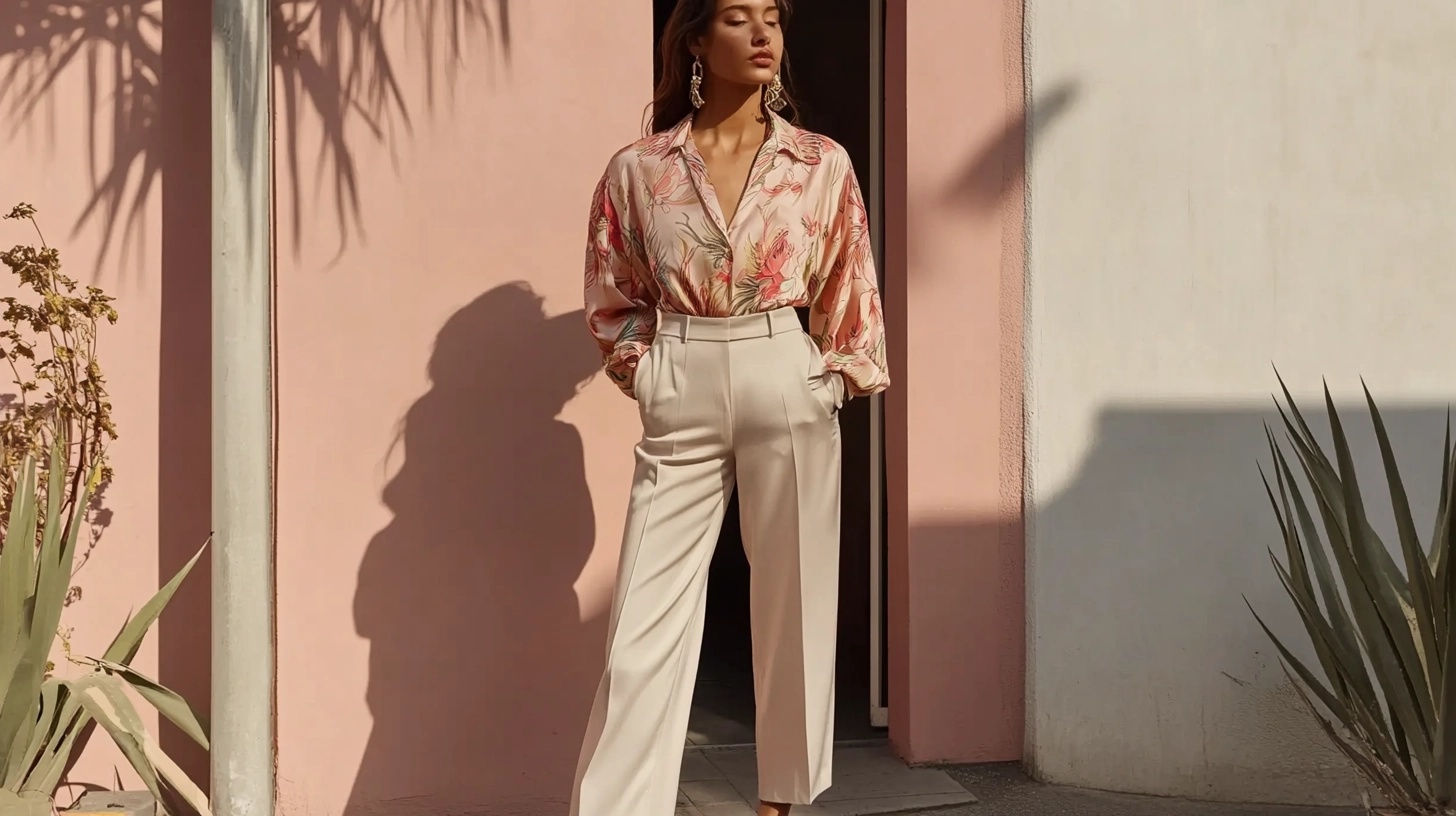 Woman in tailored trousers and a patterned blouse.